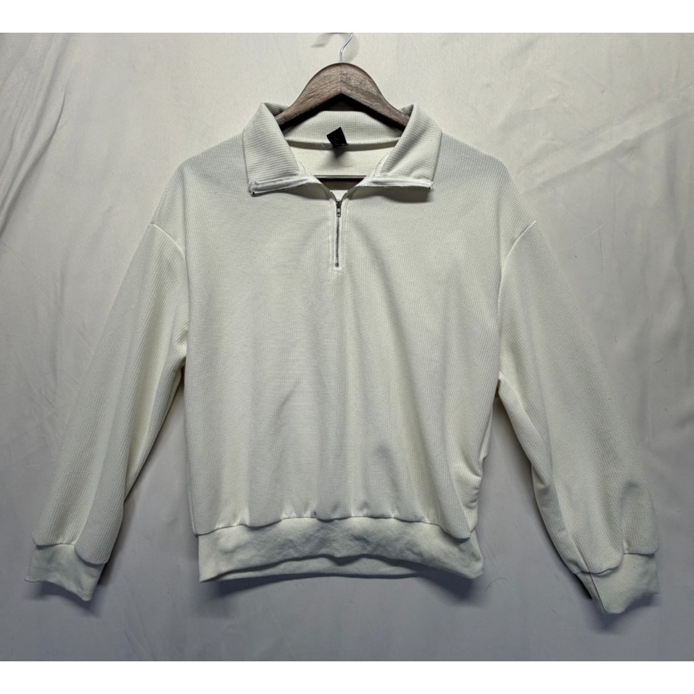 Emery Rose Ribbed Sweatshirt Womens Medium White Drop Shoulder Quarter Zip